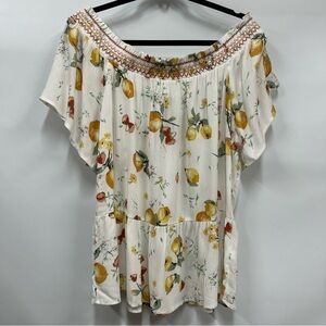 NWT L Floral citrus fruit Print Women's gauze off the shoulder smocked necktop